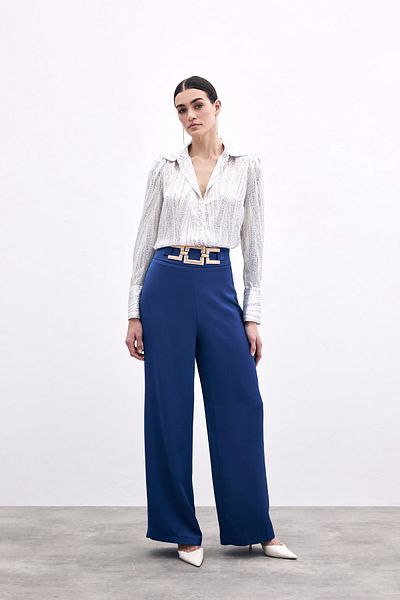 Sateen Pantaloni din crepon satinat cu centură în talie - bleumarin