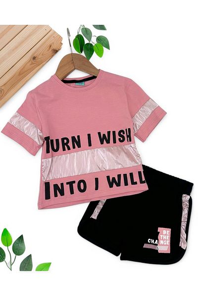 Ege Bebek Girl's Summer Printed Shorts 100% Cotton Text Detail Top and Bottom Set