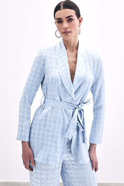 Sateen Μπουφάν με τετράγωνο σχέδιο με ζώνη - Baby Blue