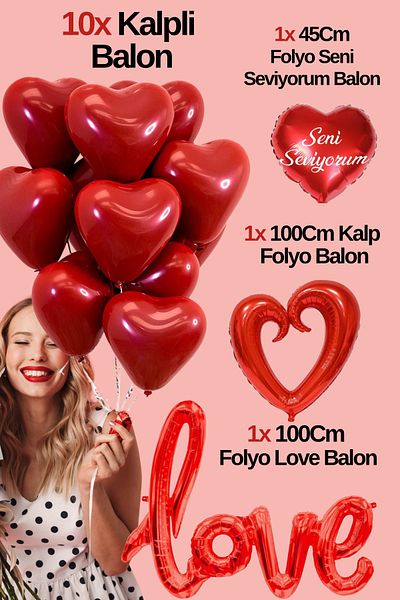 Baloncu Dede 10 Red Heart Balloons Love and Big Heart I Love You Foil Balloon Helium Compatible Lover