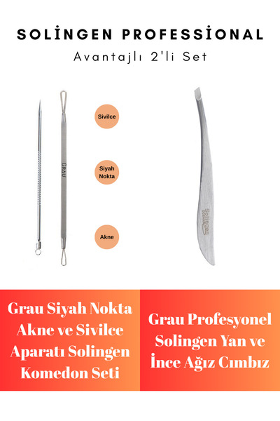Grau Solingen Profesyonel İnce Ağızlı Cımbız ve Komedon Seti - 2'li Paslanmaz...