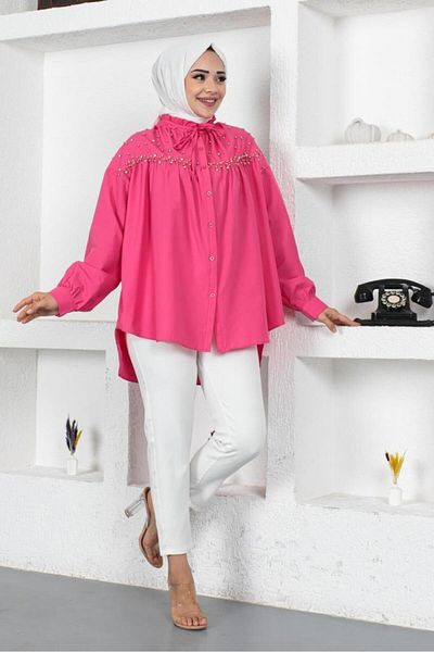 giyze Bead Detailed Hijab Shirt Fuchsia 61546