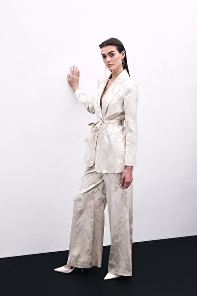 Sateen Colorful Jacquard Trousers - Beige