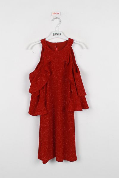 incity Girl's Bat Cut Red Dress