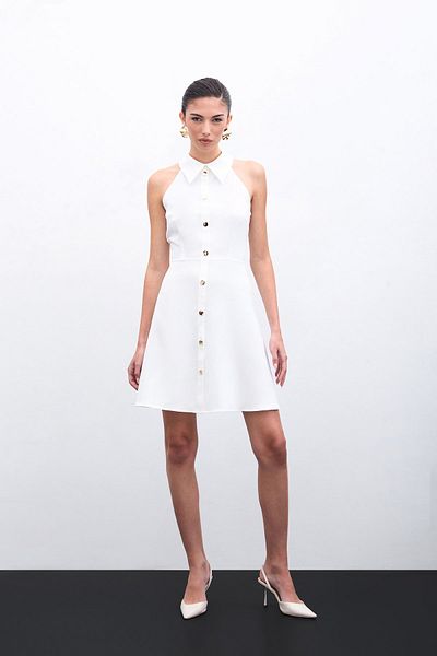 Sateen Snap Fastener Short Dress - Ecru