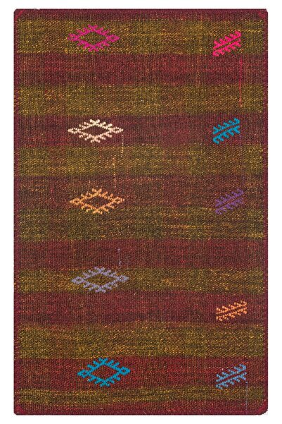 Grandhedefhalı GERÇEK EL DOKUMA BORDO RENGİ GEOMETRİK DESEN KİLİM PASPAS