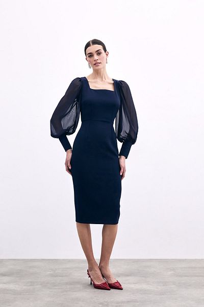 Sateen Rochie creponată cu mâneci din șifon - bleumarin