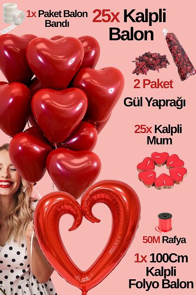 Baloncu Dede 25 Red Heart Balloon Set Big Heart Foil Balloon 25 Heart Candle Helium Compatible Lover Special Day