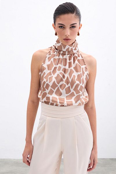 Sateen Beige-Camel High Neck Tank Top