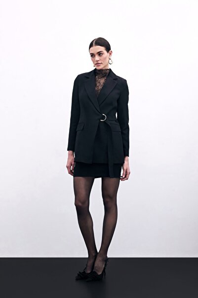 Sateen Double Breasted Collar Long Jacket - Black