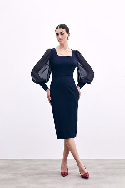 Sateen Rochie creponată cu mâneci din șifon - bleumarin