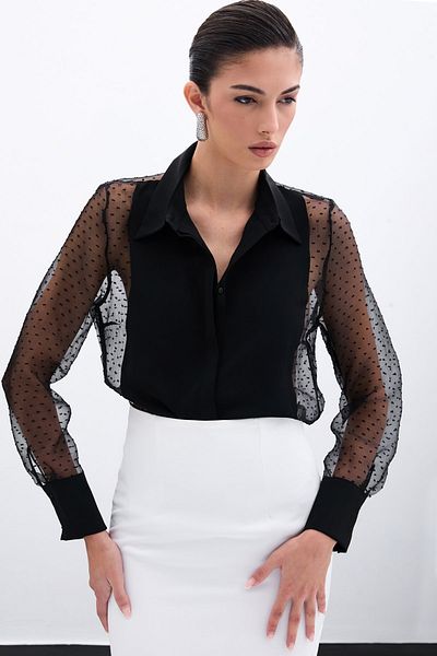 Sateen Риза с детайли от органза - Черна