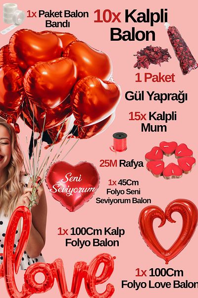 Baloncu Dede 10 Red Heart Foil Balloon I Love You Love and Big Heart Foil Balloon 15 Heart Candle Dear