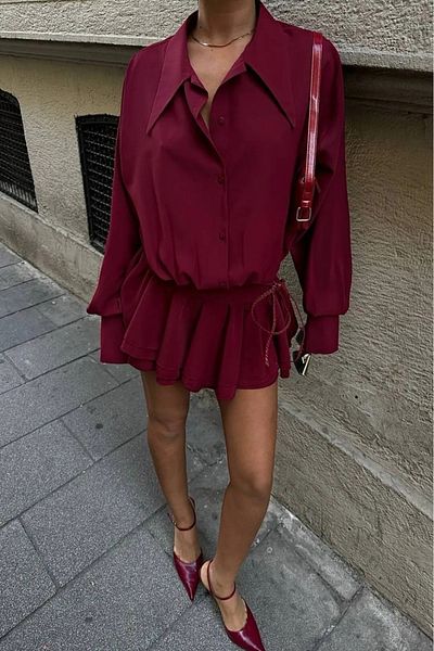 NEW JOURNAL Fusta de damă bordeaux cu volane și detaliu de cămașă rochie Eley- 1000156718