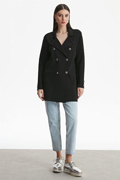 Tığ Triko Double Breasted Collar Rayon Cardigan Black