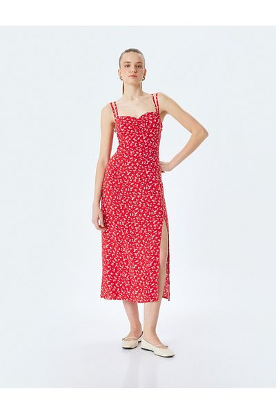 Koton Viscose Double Strap Back Detailed Floral Slit A-Line Midi Dress