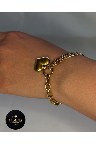 Gold Çift Zincir Kalp Uçlu Bileklik