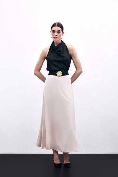 Sateen Long Satin Skirt - Beige