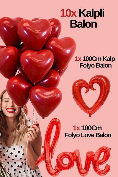 Baloncu Dede 10 Red Heart Balloon Love and Big Heart Foil Balloon Helium Compatible Valentine's Day Anniversary