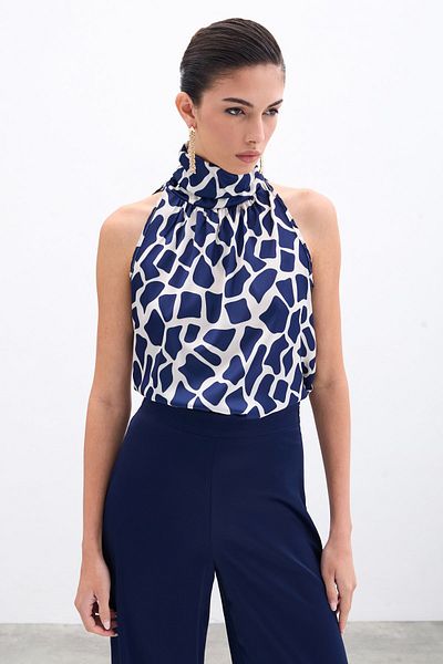Sateen Beige-Navy Blue High Neck Tank Top
