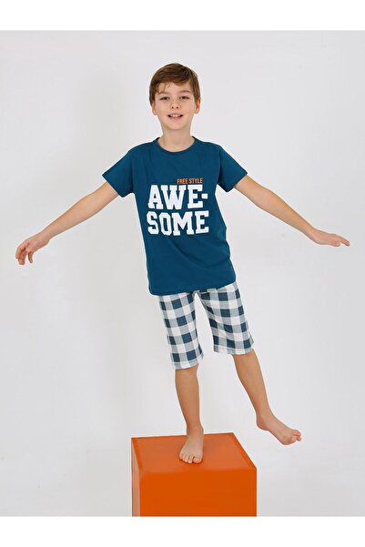 vitmo Erkek Çocuk Kısa Kollu Kapri %100 Pamuklu Pijama Takımı Awesome