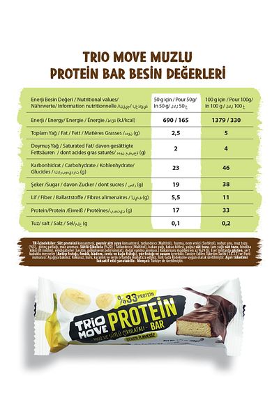 TrioMove Banana and Milk Chocolate Protein Bars - 33% Protein, 50g X 9 Count