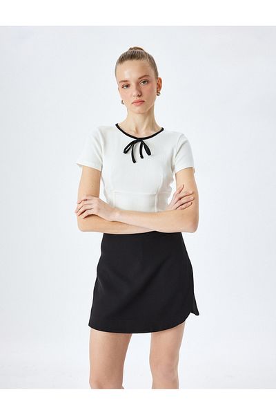 Koton Bias Short Sleeve Crew Neck Bow Crop T-Shirt