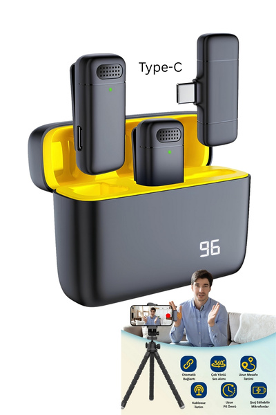 Abbruch By Sabron Powerbankli Profesyonel Kablosuz 2'Li Yaka Mikrofonu Type-C Telefon Kamera Laptop Mikrofon