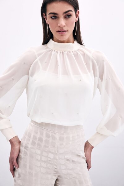 Sateen Διάφανη Μπλούζα - Πέτρινη, Χρώμα Κρέμα