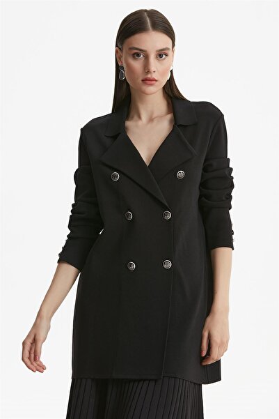 Tığ Triko Double Breasted Collar Rayon Cardigan Black