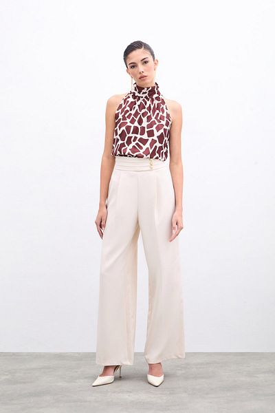 Sateen Beige-Brown High Neck Tank Top