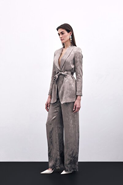 Sateen Jacquard Wide Leg Trousers - Mink