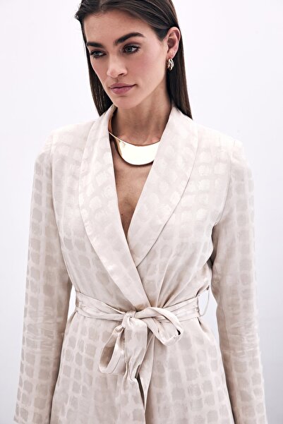 Sateen Μπουφάν με τετράγωνο σχέδιο με ζώνη - Μπεζ