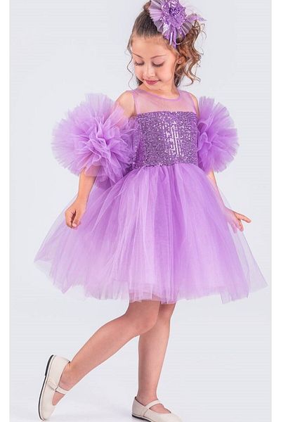 ABİYEKİDS Lilac Sequined Children's Evening Dress - Pompom Buckle, Style Aby458