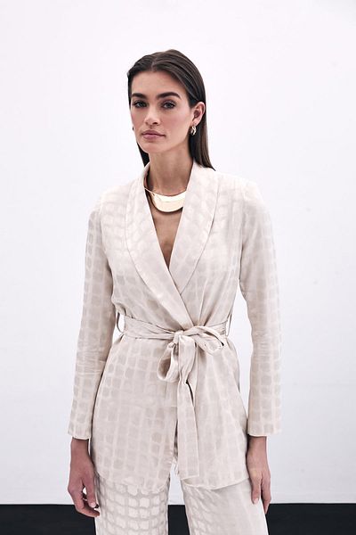 Sateen Jachetă cu model pătrat cu curea - Bej