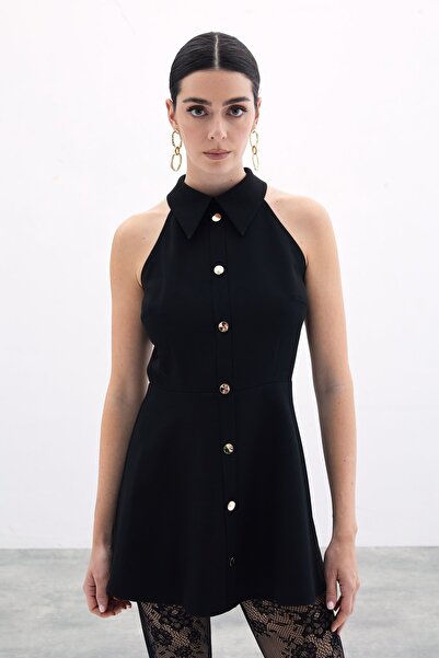 Sateen Çıt Çıtlı Kısa Elbise - Siyah