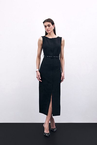 Sateen Μαύρο φόρεμα με μολύβι με ζώνη