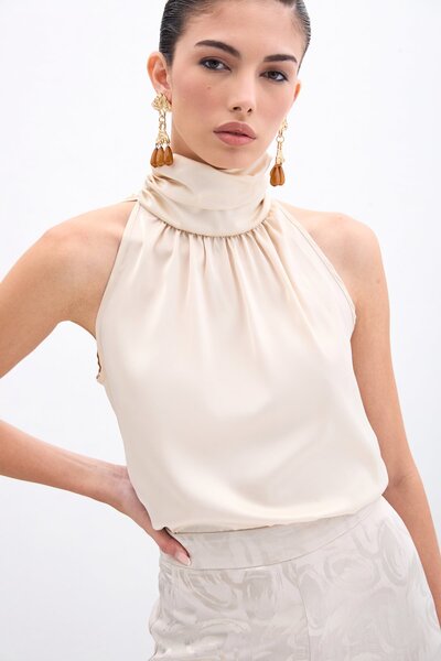 Sateen Bluză cu gât înalt - Bej