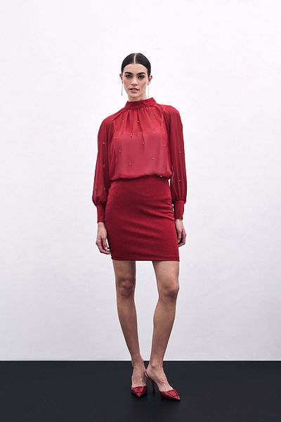 Sateen Stone Detailed Transparent Blouse - Red