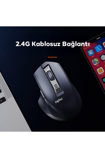 INPHIC İNPHİC M9 Kablosuz Fare, Ergonomik Şarj Edilebilir Sessiz Kullanım 2.4G 500 mAh USB Mouse SİYAH