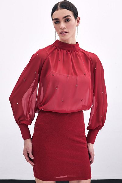 Sateen Stone Detailed Transparent Blouse - Red
