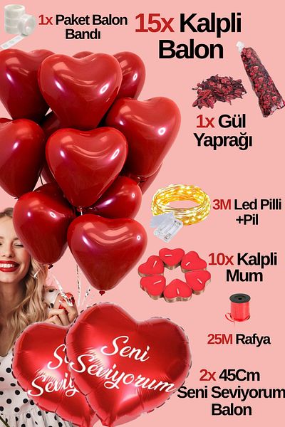 Baloncu Dede 15 Heart Balloon I Love You Written Balloon 10 Heart Candle Helium Compatible Special Day Anniversary Dear