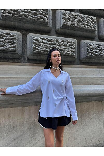 minaaise Women's White Handcrafted Stone Double Breasted Shirt 29053