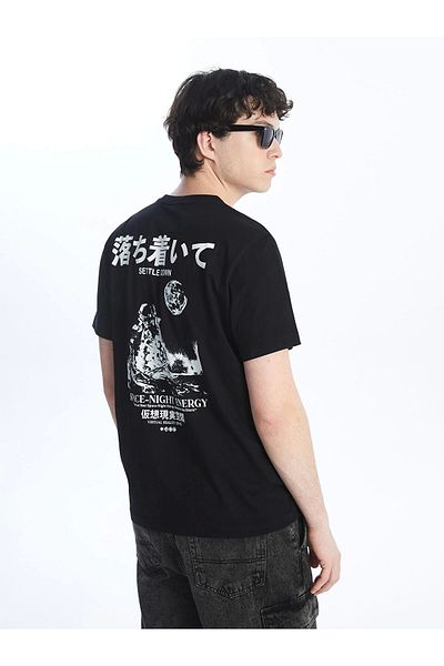LC Waikiki Ανδρικό μπλουζάκι LCW Casual BLACK Crew λαιμόκοψη με κοντό μανίκι με στάμπα από χτενισμένο βαμβάκι