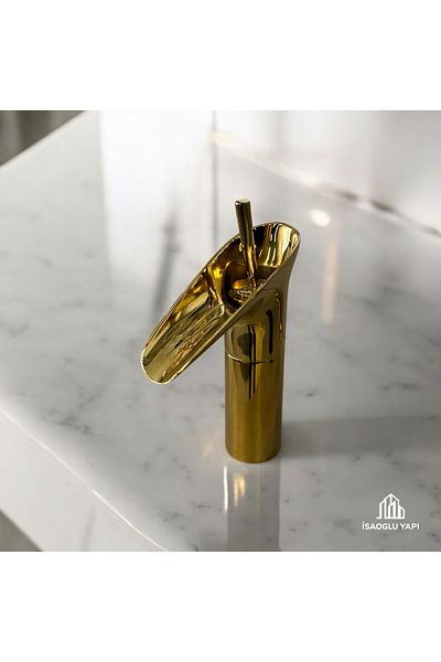 İSAOĞLU YAPI Gold Waterfall Faucet Nostalgic Design Sink Faucet Gold Armature