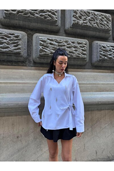 minaaise Women's White Handcrafted Stone Double Breasted Shirt 29053