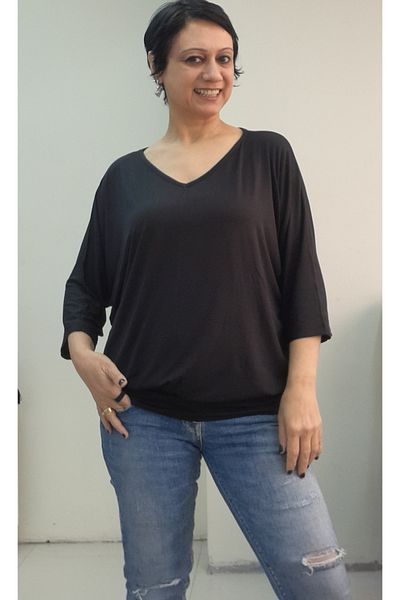 Mertcan Butik Black Hem Cuff Bat Sleeve V-Neck Three-Quarter Sleeve Combed Viscose T-Shirt