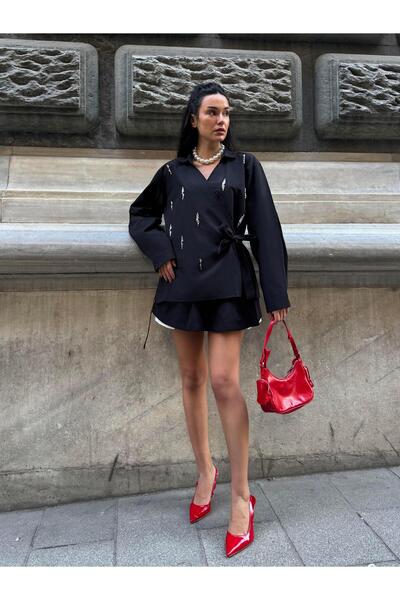 minaaise Cămașă neagră de damă, lucrată manual, cu piatră dublu 29053