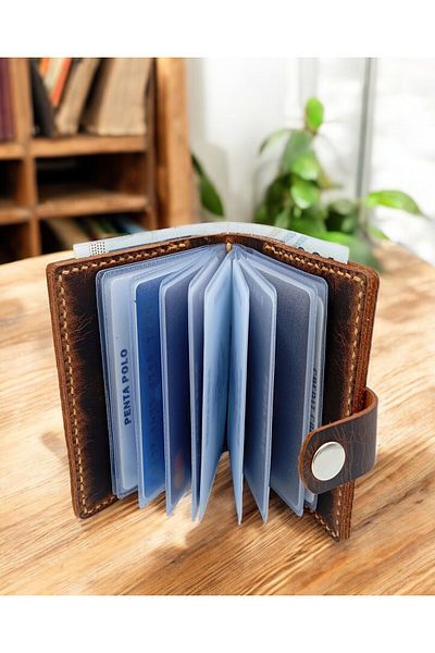 KUVARK Multi-Compartment Transparent Compartment Wallet - Business Card Holder |   Genuine Cowhide |   Handmade