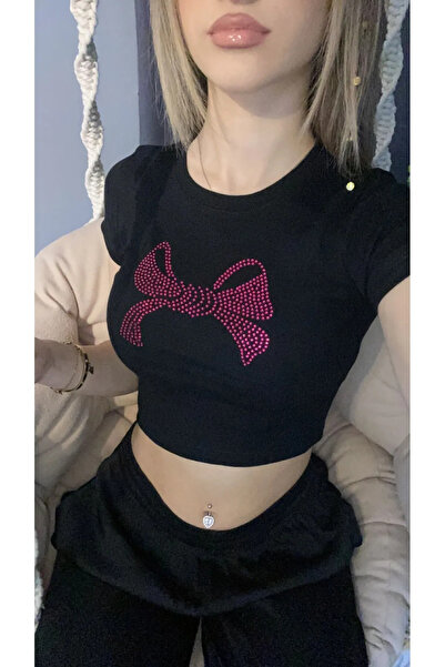 Bravebell Black Ribbon Model Pink Glitter Stone Crop Bodysuit